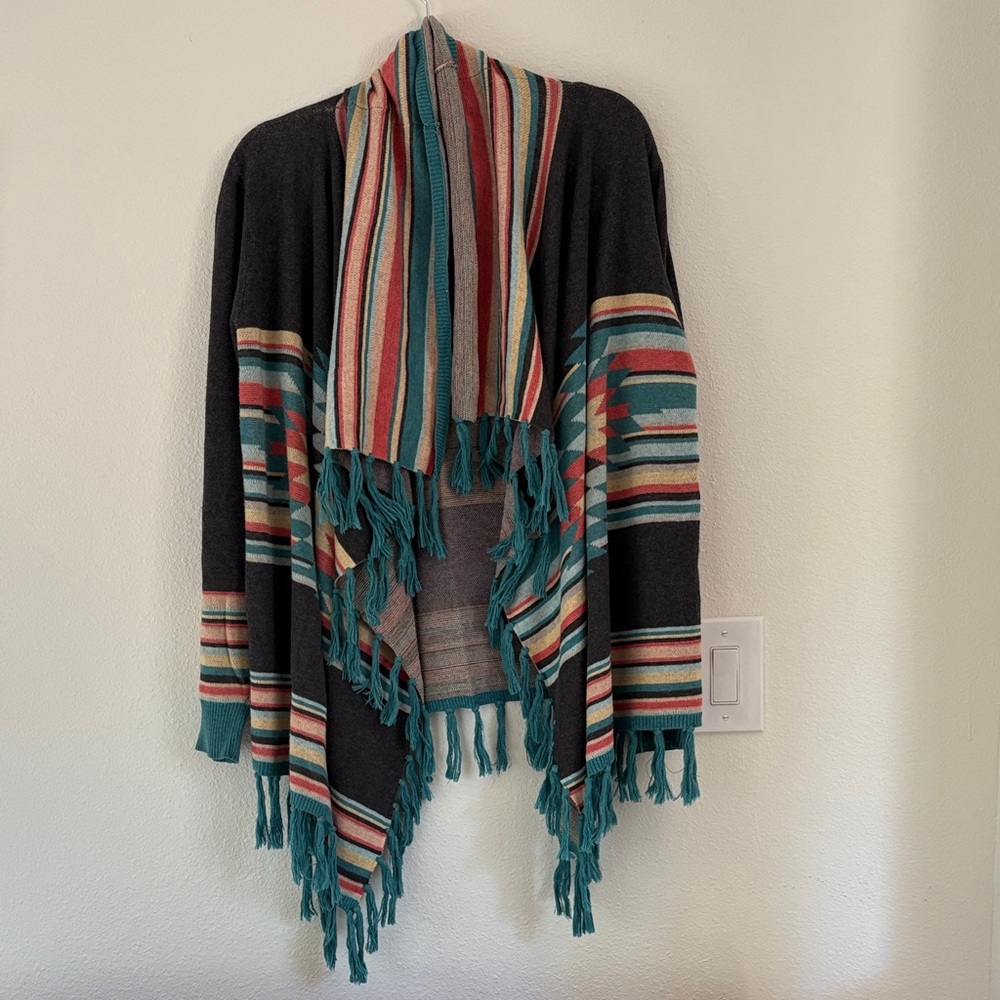 Tasha Polizzi Teal and Multicolor Fringe Poncho